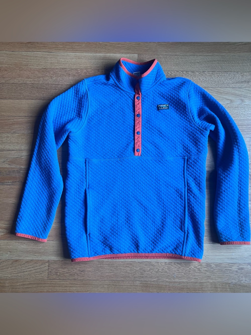 LL Bean Kids Blue Snap-T Quarter Button Quilted Pullover, Pockets, Size L14-16